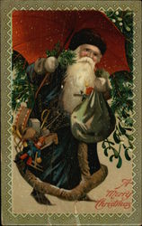 "A Merry Christmas" - With Santa Carrying Toys and Red Umbrella Santa Claus Postcard Postcard