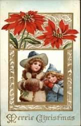 Merrie Christmas with Two Young Girls and Red Poinsettias Children Postcard Postcard