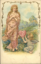 Little Girl Angel Presenting Heart of Pink Flowers to Woman in Pink Gown Postcard