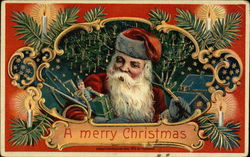 "A Merry Christmas" - Inset of Santa with Toys and Tree Santa Claus Postcard Postcard