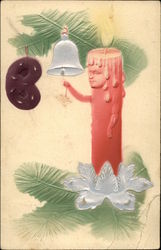 Pink Candle with Face Rings Silver Bell on Christmas Tree Postcard Postcard