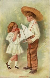 Generosity - Boy and Girl, Toy Sailboat Postcard