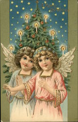 Angel in Pink and Angel in Blue in Front of Christmas Tree Angels Postcard Postcard