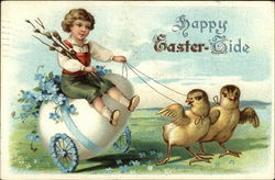 Happy Easter-Tide - Witih Boy on Egg Cart with Two Chicks With Chicks Postcard Postcard