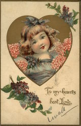 To My Heart's Best Love - Young Girl with Flowers in Heart Shaped Inset Postcard