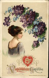 St. Valentine's Greeting - With Victorian Woman and Violets Postcard