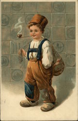 Little Boy in Ethnic Outfit of Brown Pants, Suspenders and White Shirt Smoking a Pipe Boys Postcard Postcard