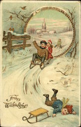 Children Sledding Postcard Postcard