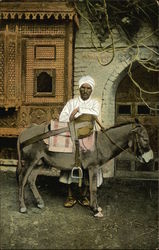 Man in White Turban and Robe With Donkey Arab Postcard Postcard