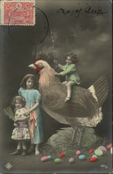 Little Girl in Green Dress Sits on Giant Chicken Surrounded by Easter Eggs Postcard