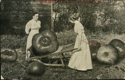 Woman with Giant Vegetables in Wheelbarrow Exaggeration Postcard Postcard