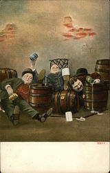 Three Drunk Men Hanging Onto Kegs Postcard