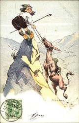 Swiss Mountain Climber Dragging Horse Up Peak Postcard