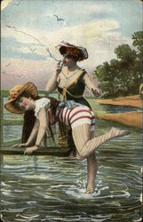 Woman in Black Bathing Suit Preparing to Spank Woman in Red and White Striped Bathing Suit Swimsuits & Pinup Postcard Postcard