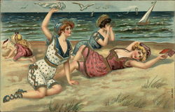 Three Women in Vintage Bathing Suits Lying on Beach Swimsuits & Pinup Postcard Postcard