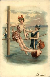 Women in Vintage Bathing Suits in the Water Postcard