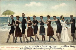 Group in Vintage Bathing Suit in Conga Line on Beach Postcard