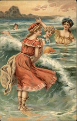 Women in Vintage Dresses at the Beach Swimsuits & Pinup Postcard Postcard