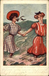 Two Women in Vintage Dresses in Ocean Swimsuits & Pinup Postcard Postcard