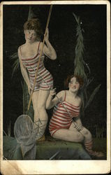 Two Women with Striped Bathing Suits with Fishing Gear Postcard