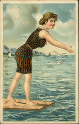 Woman in Striped Bathing Suit Ready to Dive into the Water Swimsuits & Pinup Postcard Postcard