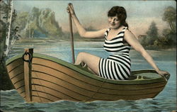 Woman in Striped Bathing Suit in Canoe Postcard