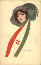 Woman in Red, White and Green Scarf Around Hat Postcard