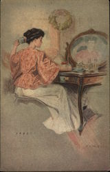 Woman in White Skirt and Pink Blouse Combing her Hair in Front of Dressing Table Mirror Women Postcard Postcard