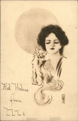 Woman with Brown Hair and Cat Postcard