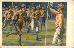 Boy Scouts Running Toward Man Holding Flag Postcard Postcard