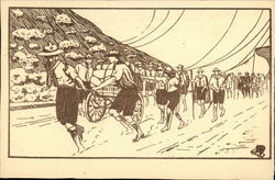 Boy Scout Troop Walking, Pulling Wagon of Supplies Postcard