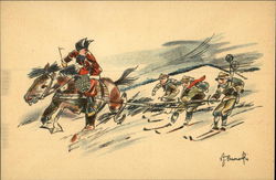 Three Boy Scouts Skiing Behind Man on Horse Postcard