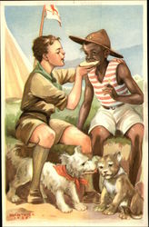 Boy Scout Feeding Black Boy Slice of Bread Boy Scouts Postcard Postcard