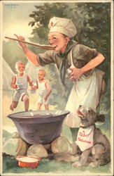 Boy Samples Camp Fire Food While Dog Looks On Boy Scouts Postcard Postcard