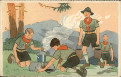 Boy Scouts Cooking Over Campfire Postcard Postcard