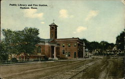 Public Library and Fire Station Hudson, MA Postcard Postcard