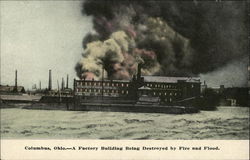 Factory Building Being Destroyed by Fire and Flood Postcard