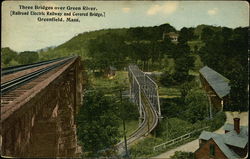 Three Bridges over Green River. [Railroad Electric Railway and Covered Bridge,] Greenfield, MA Postcard Postcard