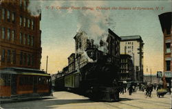 NY Central Train Coming Through Streets of Syracuse New York Postcard Postcard