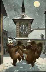 Bern. Bears dancing in the snow at midnight. Postcard Postcard