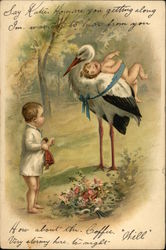 A large stork delivers a baby on its back Babies Postcard Postcard