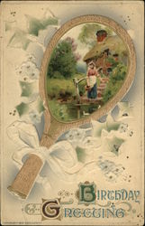 Birthday Greeting - Hand Mirror with Maiden Scene Postcard