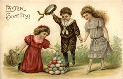 Easter Greeting - Children and Colored Eggs With Children Postcard Postcard