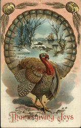 Thanksgiving Joys - Plymouth Rock Scene and Large Turkey Turkeys Postcard Postcard