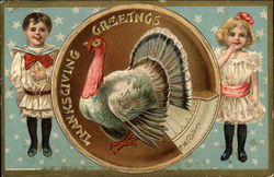 Thanksgiving Greetings - Two Children and a Turkey Postcard Postcard