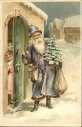 Santa Claus at the door - Santa in Blue Postcard