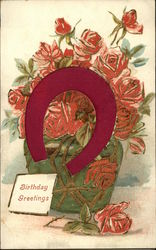 Birthday Greetings - Horseshoe and Roses Silk & Fabric Applique Postcard Postcard