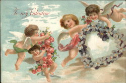 To My Valentine - Four Cherubs with Floral Garland and Wreath Cupid Postcard Postcard