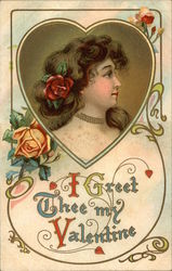 I Greet Thee My Valentine - Profile of Woman with Brown Hair Postcard