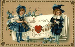 With Love's Greeting - Two Children dressed in Blue with Heart Garland Postcard